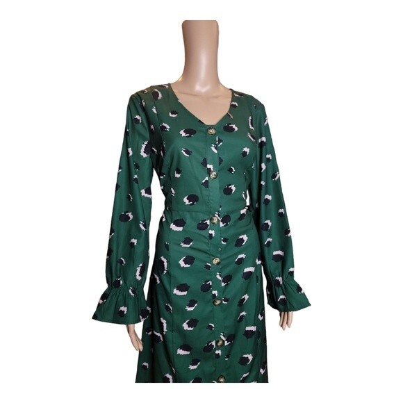 Journey Five Women's V Neck Shift Dress Patterned Button Long Sleeve Green Large - Picture 2 of 5